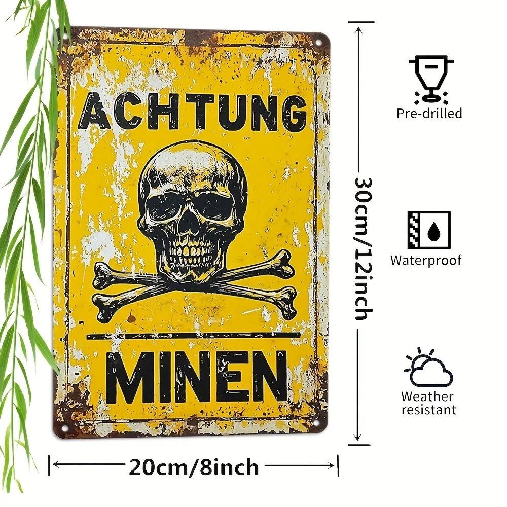 Vintage Metal Sign German Military Decor Achtung Minen Rustic Iron Wall Plaque