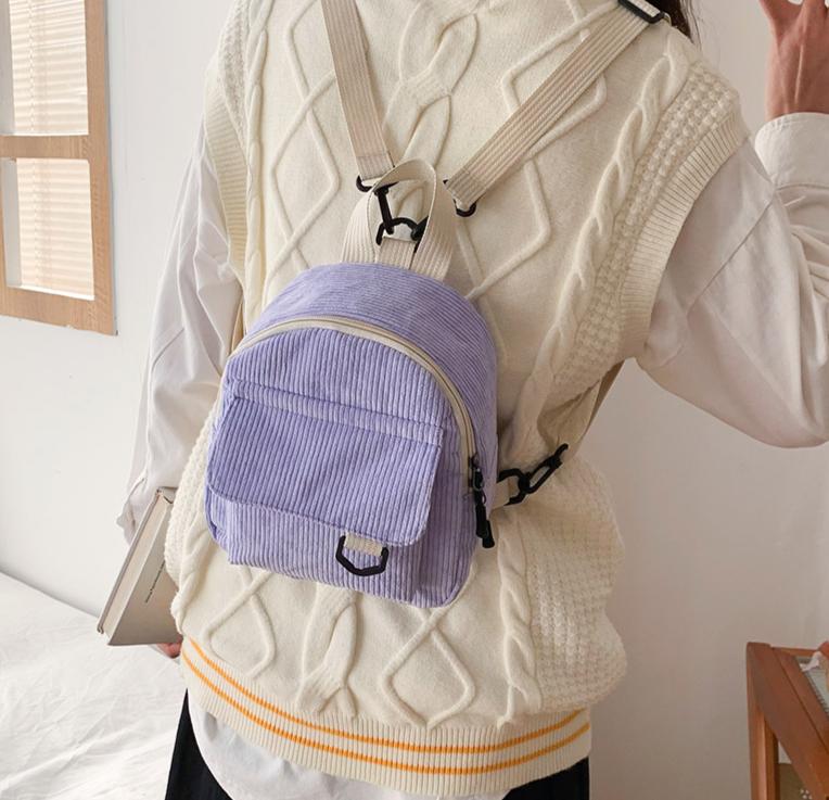 Corduroy Mini Backpack Multiple Pockets School Bag Classic Solid Color Shoulder Bag S/M/L Soft Unisex Female Commuter Travel Bag