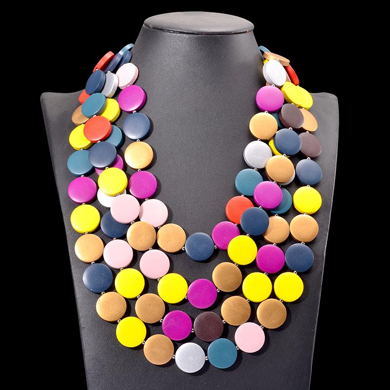 

Деревянное ожерелье ручной работы и кулон, многослойные разноцветные колье с вафельным воротником, богемные бусины на нагруднике, ювелирные изделия, подарки для вечеринки
