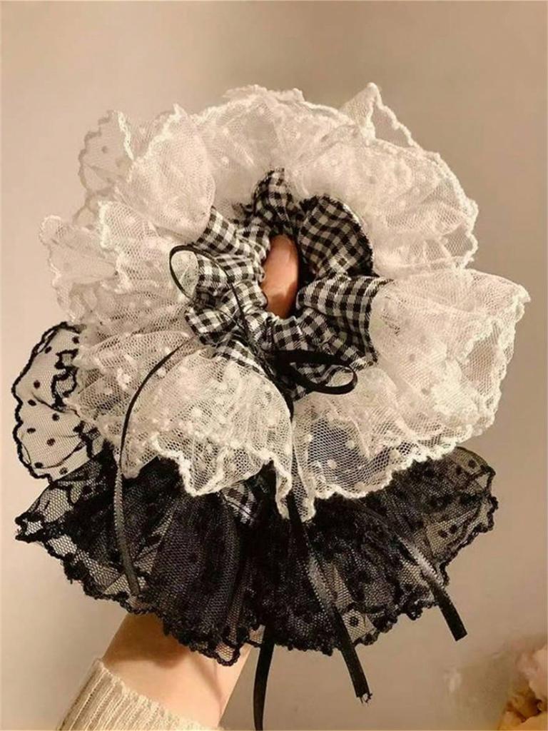 1/2Pcs Vintage Lace Polka Dot Bow Hair Scrunchie For Women,Elegant Bowknot Hair Tie For Ponytail, Bun, French Versatile