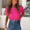 Mulheres topo oco para fora sólido colot bordado renda blusa camisa casual puff manga pulôver topo senhora verão vintage o-pescoço streetwear roupas