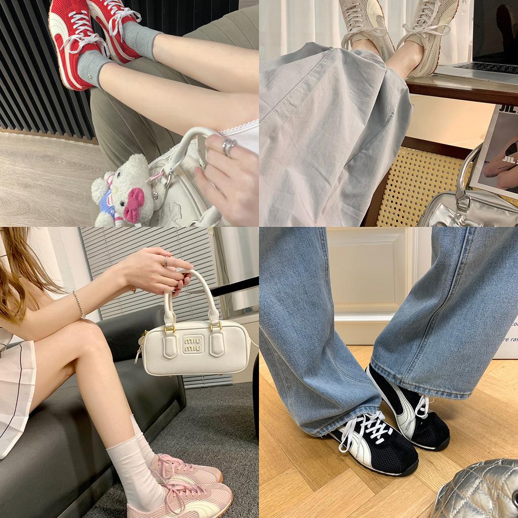 Cowhide~ Grape Mom Breathable Mesh German Training Shoes Women's Contrasting Color Lace-up Ugly Cute Forrest Gump Shoes Flat Casual Sports Shoes