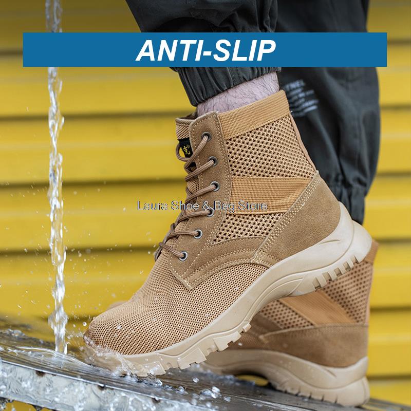 Fashion High Top Men Safety Shoes Mesh Breathable Steel Toe Work Shoes Man Constrcution Safety Boots Anti-smash Anti-odor Male Work Boot