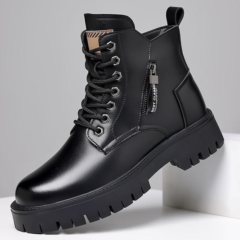 Men's High-Top Leather Martin Boots - British Style, Thick Sole, Velvet Lining, Winter Warmth