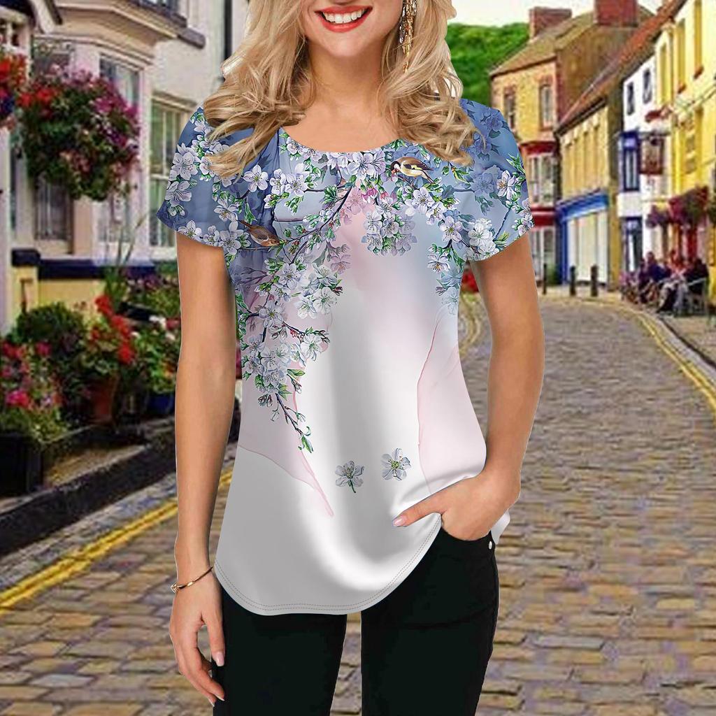 Fashion Women Red Big Flower Print T Shirt Funny Casual O-neck Short Sleeves T-shirt Summer Female Tee Shirt