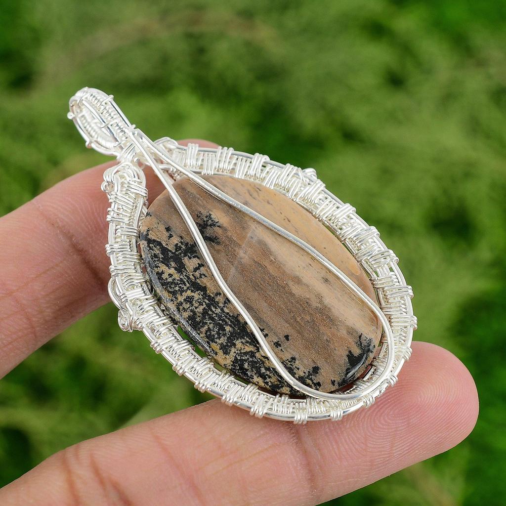 925 Silver Oval Honey Dendrite Opal Gemstone Trendy Wire Wrapped Pendant Jewelry