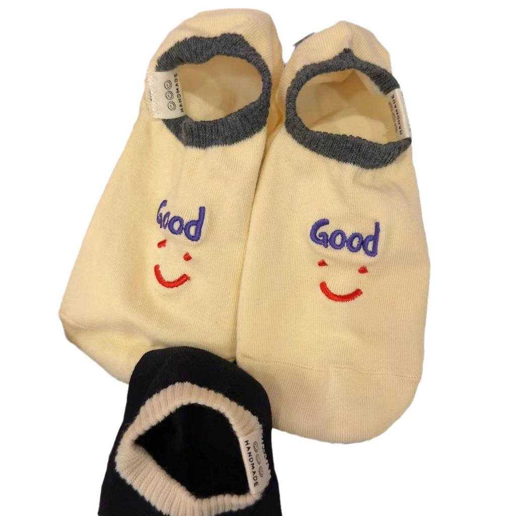 Cloth Label Socks Early Spring Embroidery Smiley Face Letters Do Not Fall Off The Boat Socks Korean Fashion Cute Invisible Socks Cotton