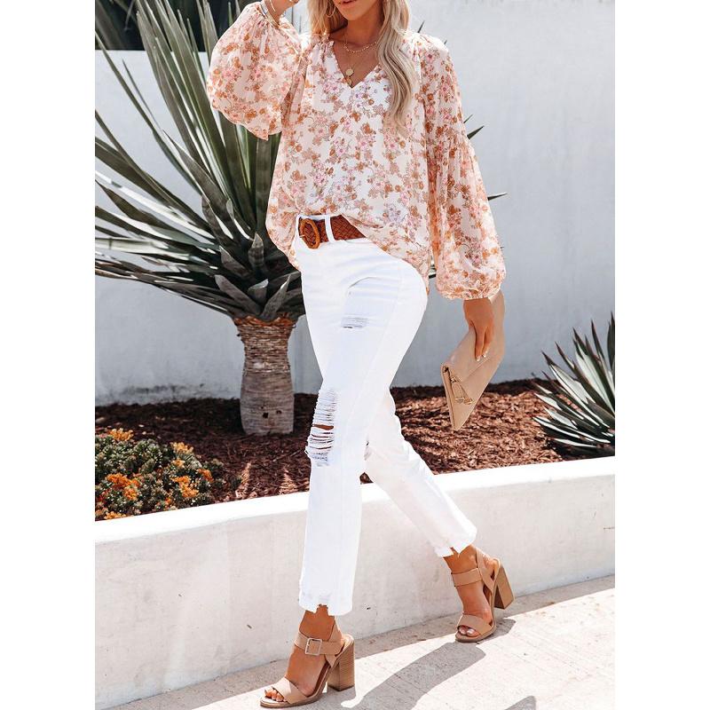 2026 New Spring and Autumn Women's V-neck Chiffon Top Lantern Sleeve Floral Casual T-shirt