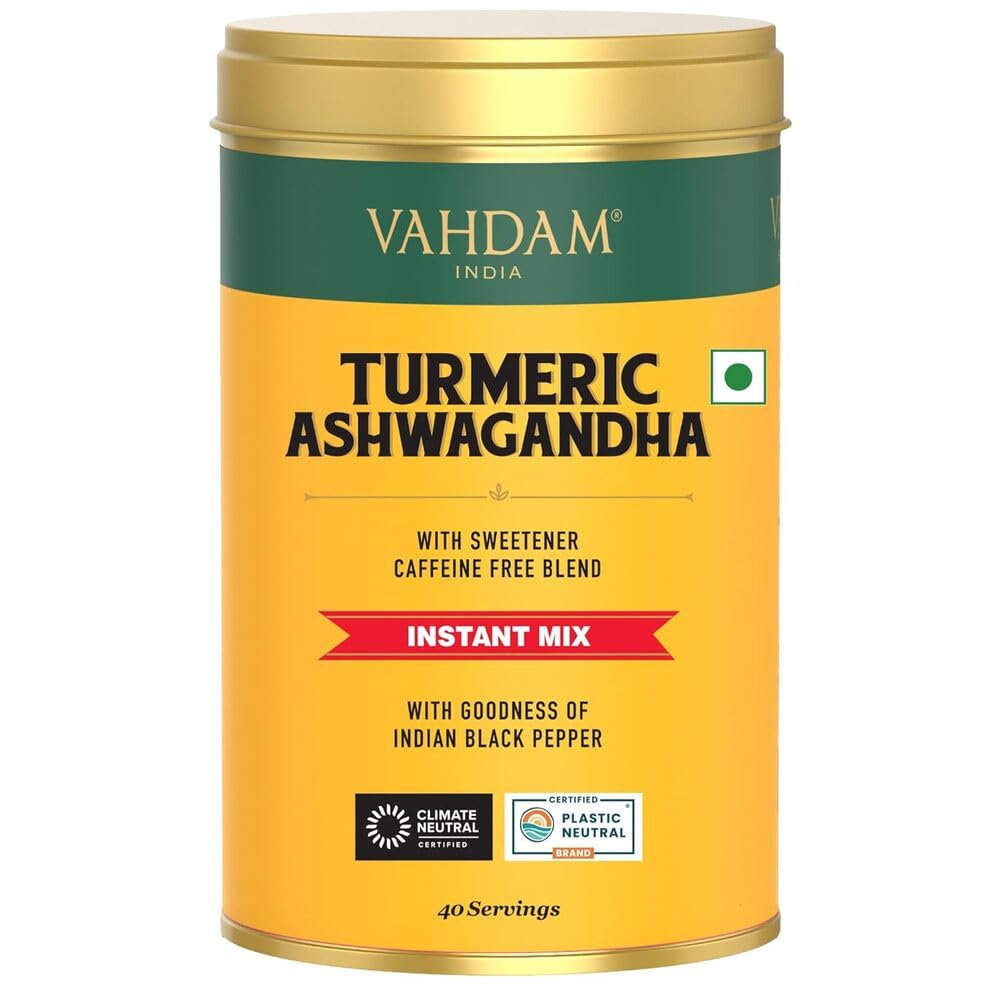 VAHDAM, Turmeric Ashwagandha Latte Instant Mix - 100g | Caffeine-Free, Non GMO, Gluten Free | Brew Hot/Iced Tea | Golden Milk