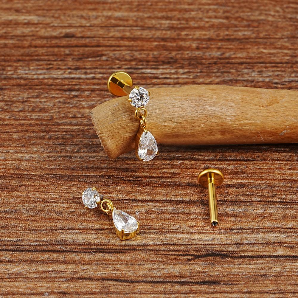 Right Grand ASTM F136 Titanium 16G Teardrop Dangle CZ Labret Stud Waterdrop Tragus Cartilage Earring Flatback Helix Piercing