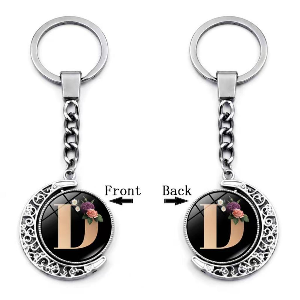 Alphabet Letter Keychain Pendant with Floral Pattern Metal Key Ring for Bag Purse Backpack Accessories Personalized Gift