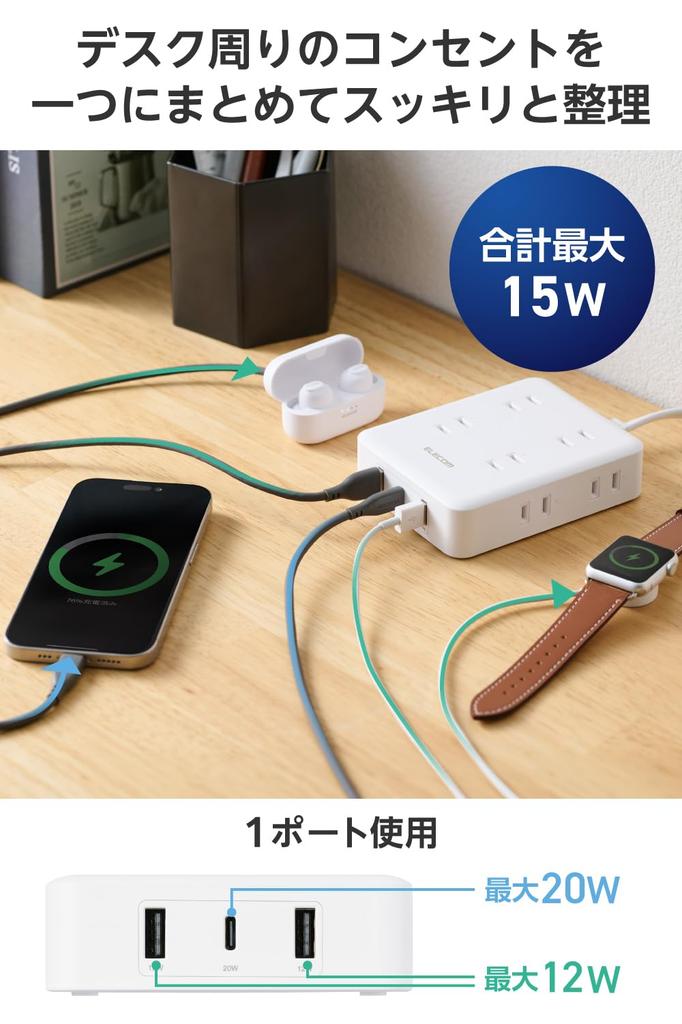 Elecom Skjøteledning med PD 1 x 2 x 8 AC Lyn Støvbeskyttelse USB, 20W, Kompatibel, Type-C 1, USB-A 2, Stikkontakter, 1,5m, Beskyttelse, Lukker, Hvit,