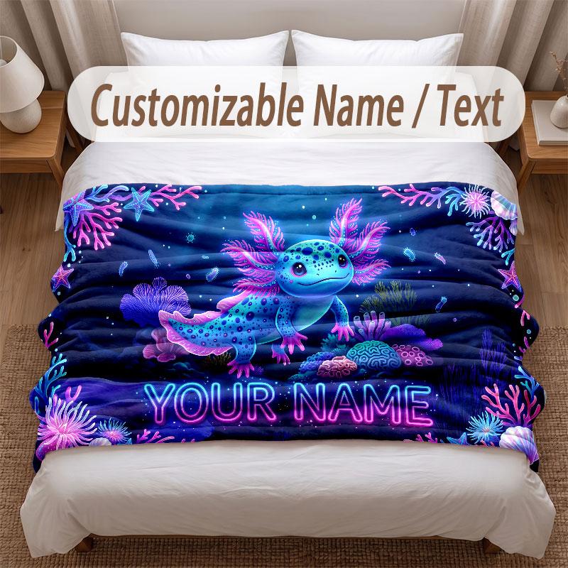 Axolotl Theme Soft Blanket Personalized Custom Name Text Print Warm Blanket Home Sofa Bedroom Decor