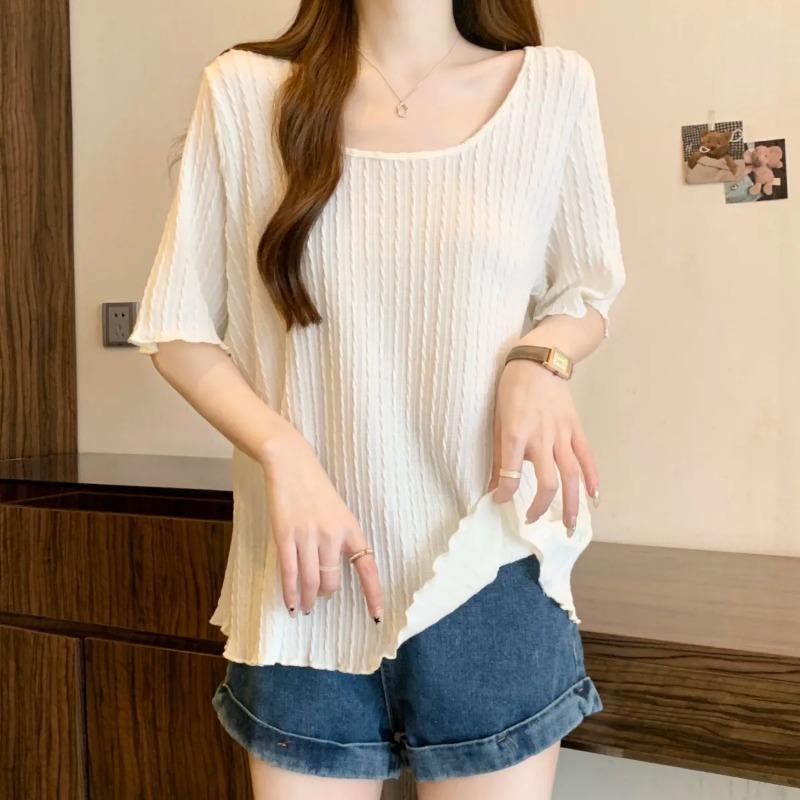 

Женская текстурированная футболка с круглым вырезом свободного кроя с короткими рукавами Повседневный топ L белый