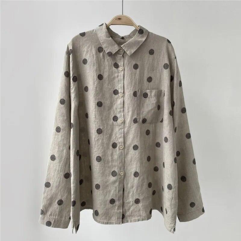 Johnature Summer Vintage Wave Point Women Tops Shirts Casual All Match Turn-down Collar Sun Protection Blouses