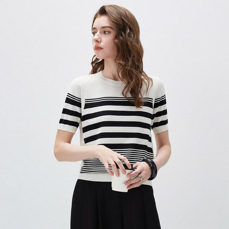 Kemengboka Damen gestreiftes Kurzarm-T-Shirt aus Maulbeerseidenmischung