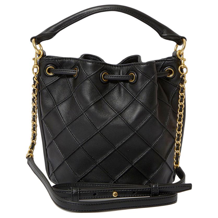 Tory Burch Fleming Logo Brass Accents Pleated Quilted Leather Bucket Bag Women Handbags Black 142565-001