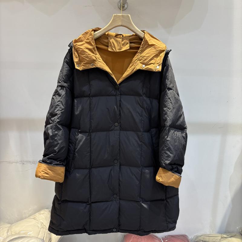 Winter Down Jacket Women's Medium and Long Hooded Contrasting Colors Over the Knee White Duck Down Thickened Fashionable Loose Temperament Jacket