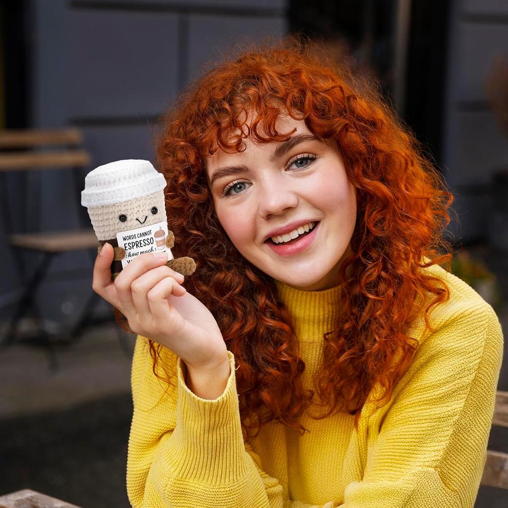 Funny Crochet Emotional Support Coffee Doll With Card Desktop Ornament Handmade Knitted Coffee Dolls Christmas Gifts Home Decor