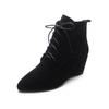 Women's boots autumn and winter new lace-up pointed fashion boots black matte sheepskin side zipper wedge heel short boots
