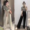 Damen Sommer 2025 Koreanische Mode: Übergröße Gestreifte Weitbeinige Hose & Kurzärmeliges Lässiges Zweiteiler-Set