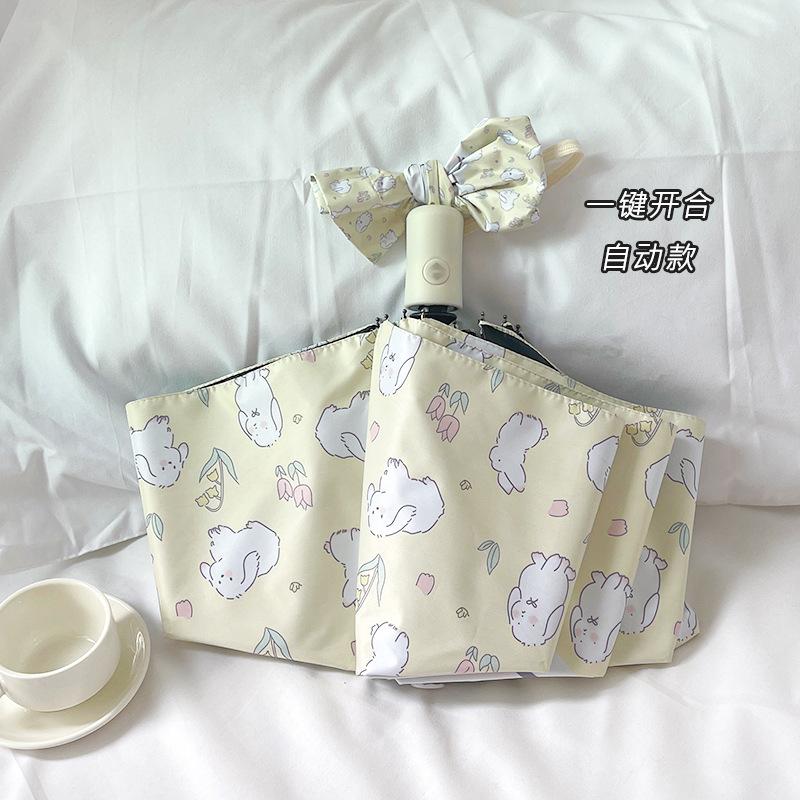 Instagram Style Sun Umbrella For Both Rain And Sunshine, Strawberry Rabbit Women'S Uv Resistant Fully Automatic Triple Fold Umbr
