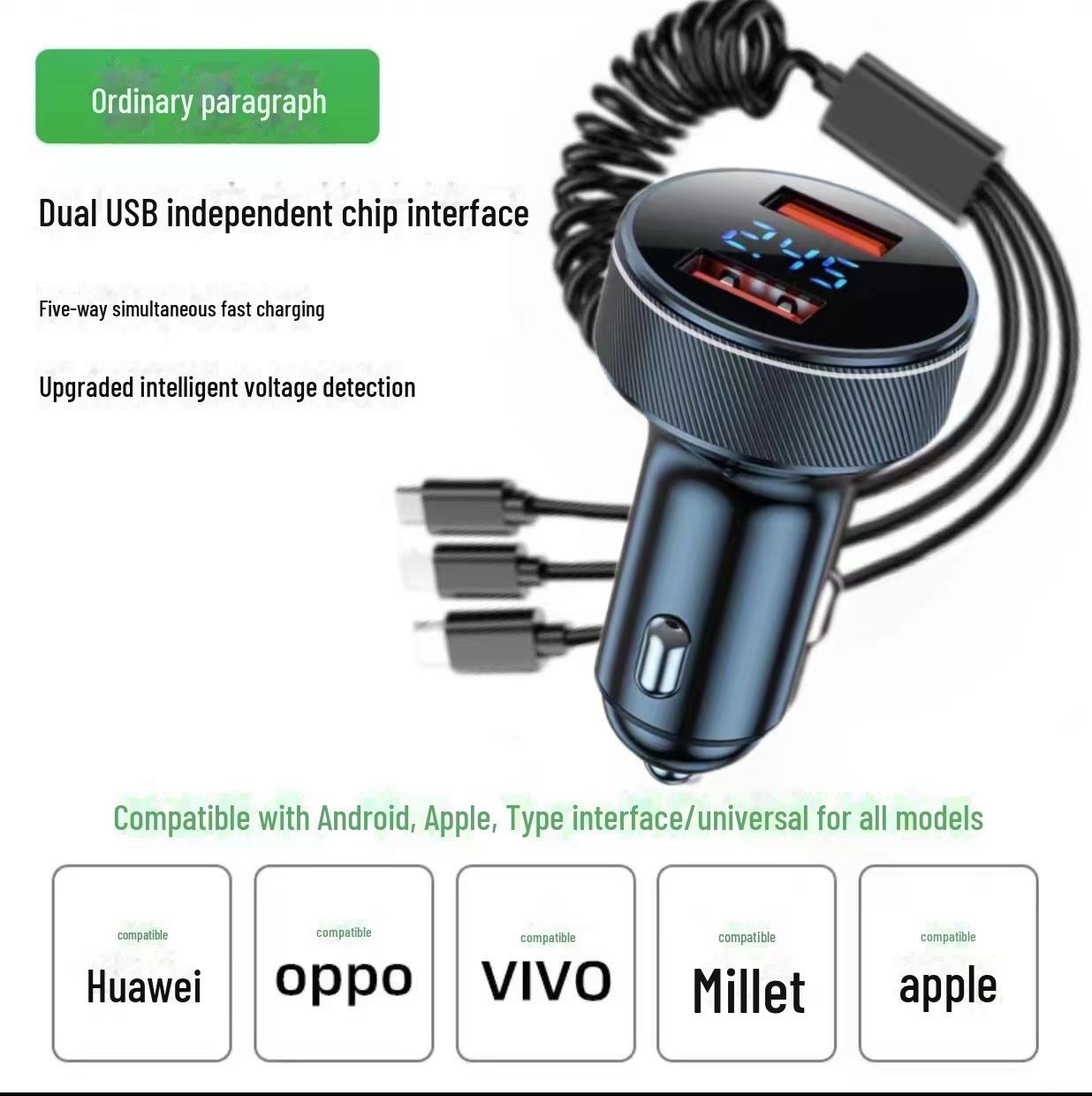 

Автомобильное зарядное устройство из алюминиевого сплава с цифровым дисплеем, 3 порта PD + QC быстрая зарядка 3.1A+3.1A, one cable for three чёрный