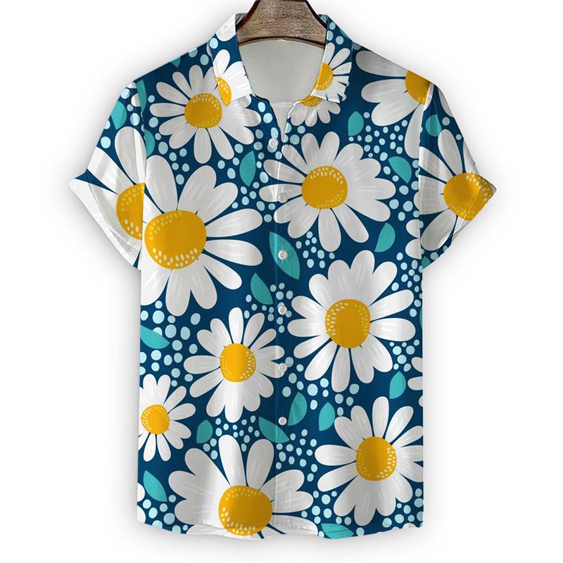 Nuova Camicia con Fiori di Margherita da Uomo Stampa 3D Manica Corta Maglietta Top Moda Estiva Harajuku Camicie Bottoni Street Camicetta con Collo a Revers