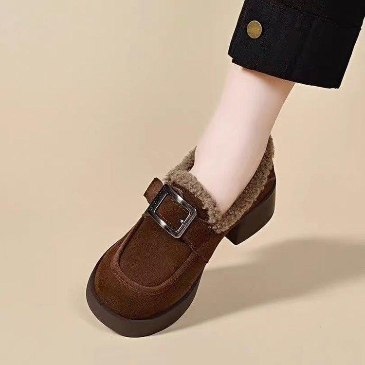 Platform loafers velvet autumn and winter new warm matte cotton shoes medium heel thick heel soft sole fluff 40 коричневый 2600₽