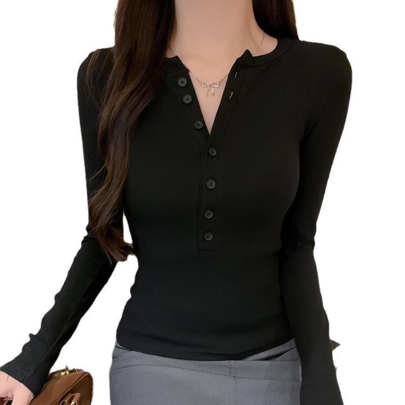 Women S Slim Fit Crew Neck Long Sleeve T Shirt Button Detail Casual Top