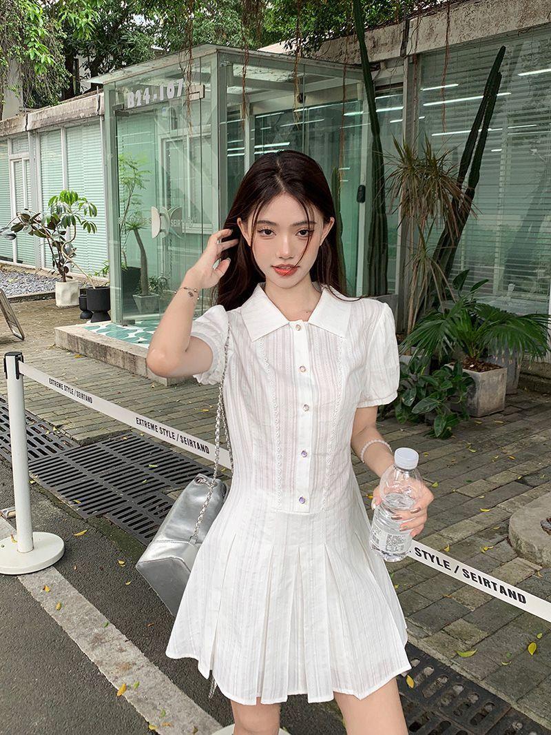 

New college style lapel white dress women s a-word skirt summer sweet and thin skirt XXL білий