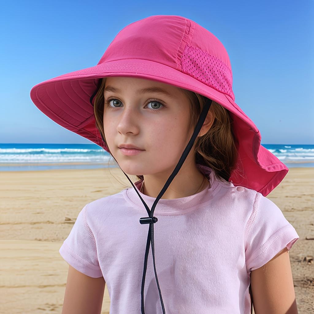 Children's Outdoor Wide-Brim Neck-Protection Hat, Breathable Mesh Sun Hat with Windproof Cord, Beach Play Hat