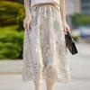 2024 Summer Chinese Style Embroidered Acetate Satin Midi Skirt with Lace Trim