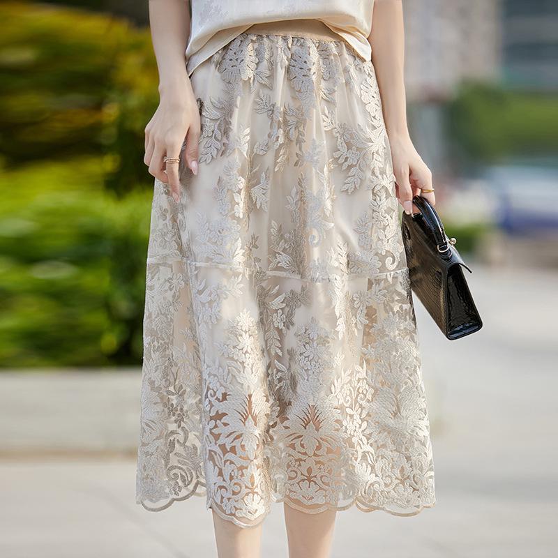 2024 Summer Chinese Style Embroidered Acetate Satin Midi Skirt with Lace Trim