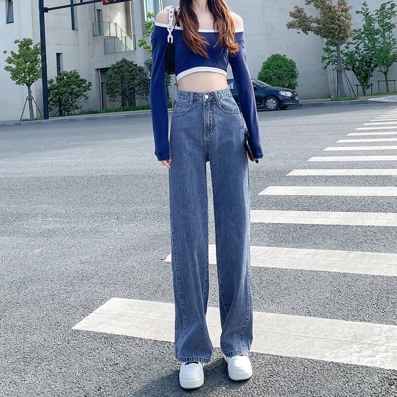 Women's Retro High-Waist Wide-Leg Jeans - Spring/Summer Versatile Loose Fit, Small Size, Student Style.