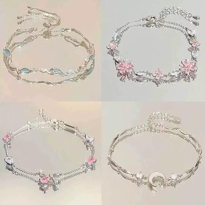 Cherry Blossom Bracelet For Women Girls Shiny Flower Bowknot Charm Bracelets Bangles Party Jewelry Accessories Gifts