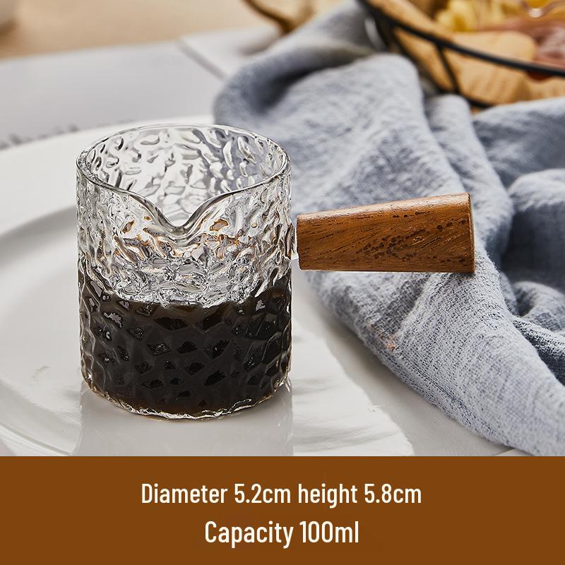 Glass Espresso Bean Measuring Cup with Double Spout, Wooden Handle, and Small Milk Jug