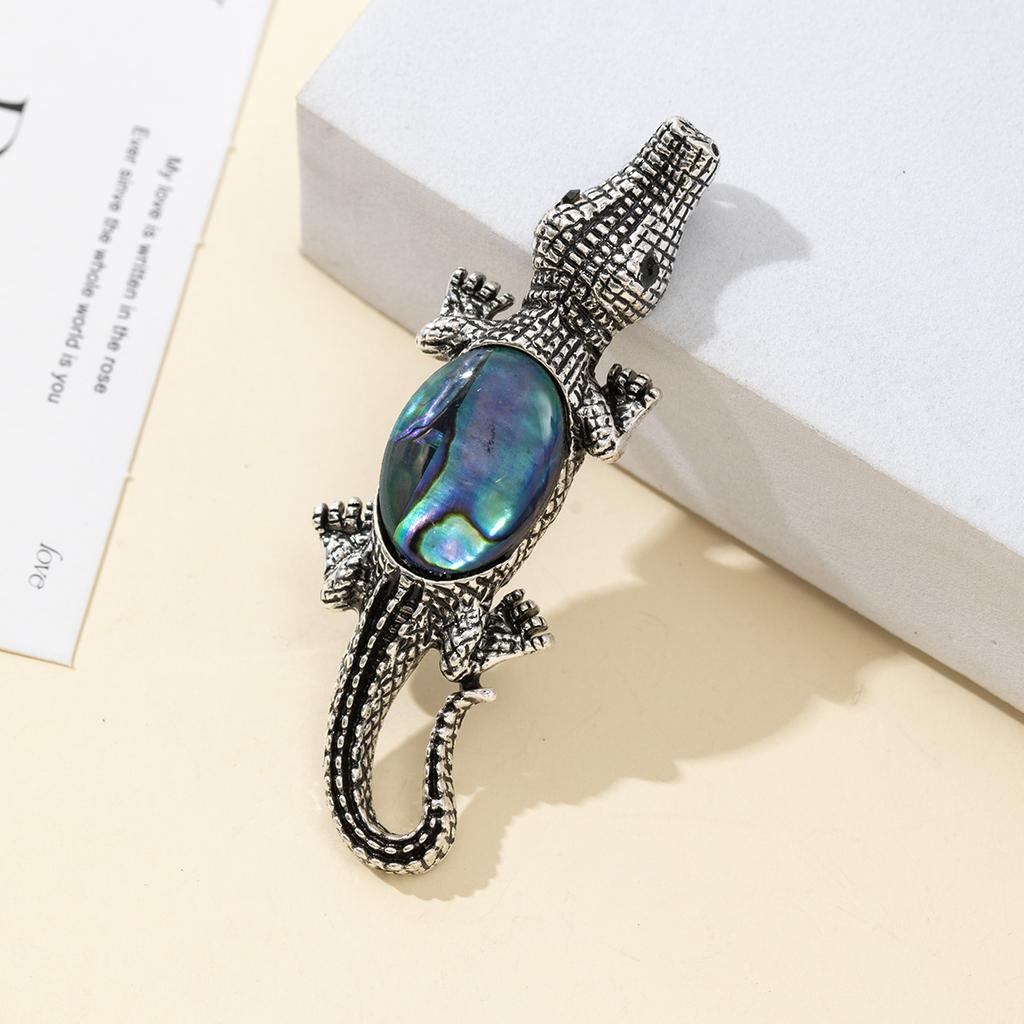 Natural Stone Shell Brooch Crocodile-Shaped Brooch For Elegant Formal Coat Jewelry Accessory 68x22mm