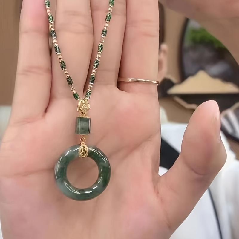 2025 New Retro Bamboo Bead Necklace with Safety Buckle Clasp - Green Resin Chain & Cubic Synthetic Zirconia Pendant, Versatile Collarbone Chain