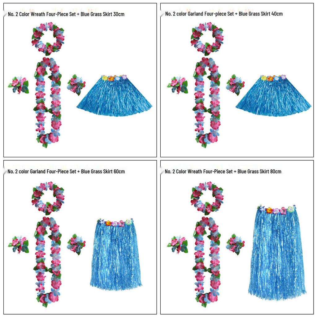 Kaifeng Summer Hawaiian Grass Skirt and Flower Garland Dance Party Set - 5 Pieces (30CM, 40CM, 60CM, 80CM)