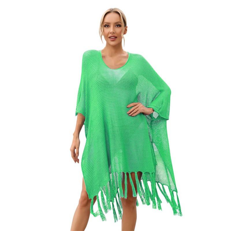 

Женское свободное трикотажное пляжное платье с кисточками, однотонное, сексуальное, ажурное, прозрачное, с длинным рукавом, солнцезащитное, накидка