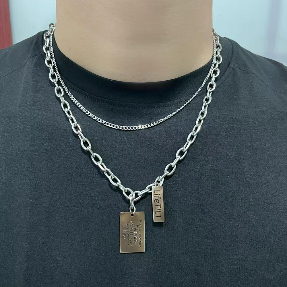 Men's Titanium Steel PUNK Cuban Chain Necklace - Handsome, High-End Hip Hop with Letter Tag Design.