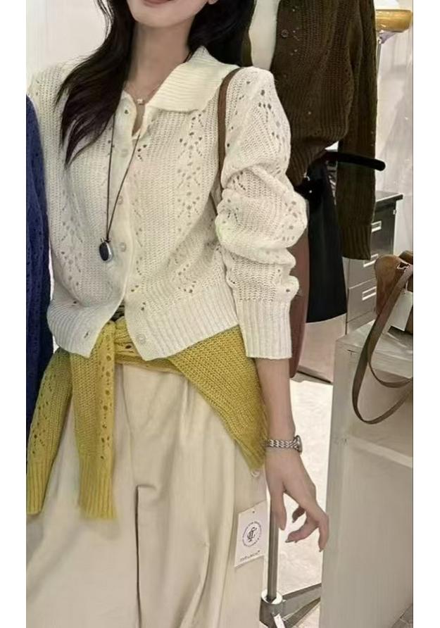 Korean Style Women's Hollow-Out Knit Lapel Top - Chic & Versatile Sweater