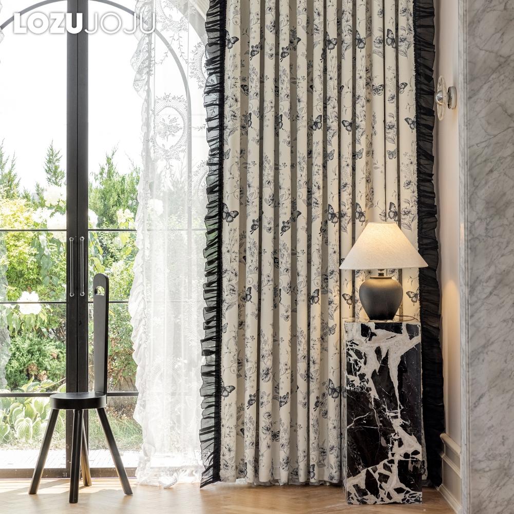 1PC LOZUJOJU 70-80% Blackout French Romantic Style Butterfly Print Pattern Ruffle Edge Curtain for Bedroom Living Room Home Decor