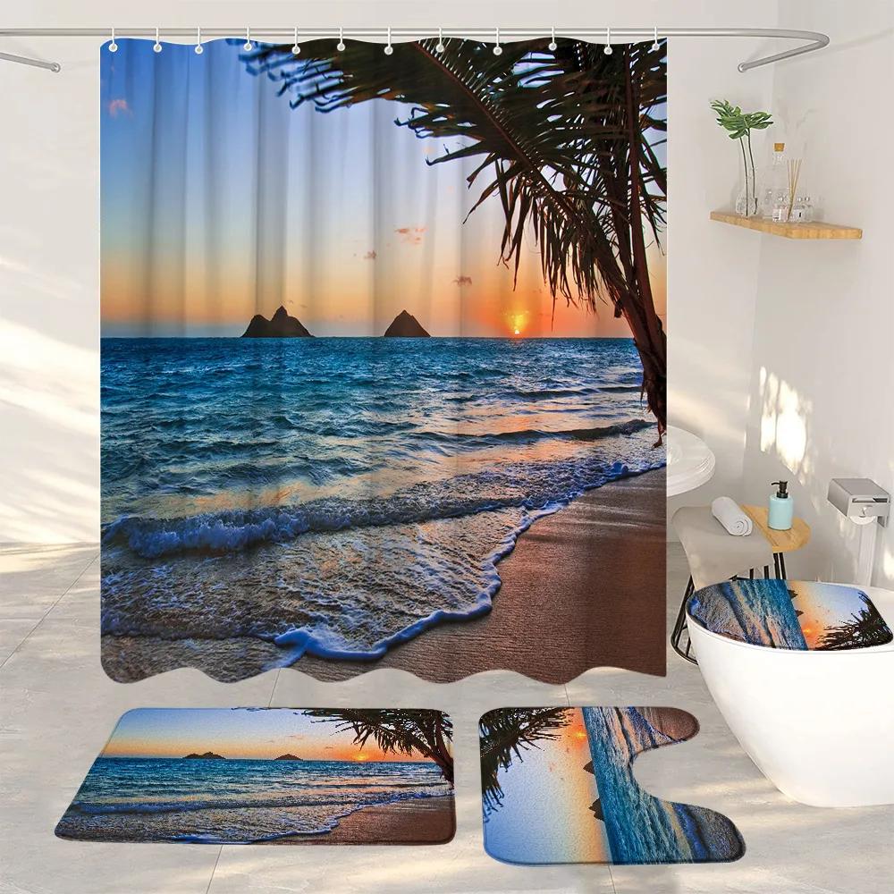 

Ocean Beach Shower Curtains And Rugs For Seaside Tropical Landscapes Coconut Trees Cars Hanging Curtains Bath Pad Bathroom Decor W60H190(CM)-1 Pcs