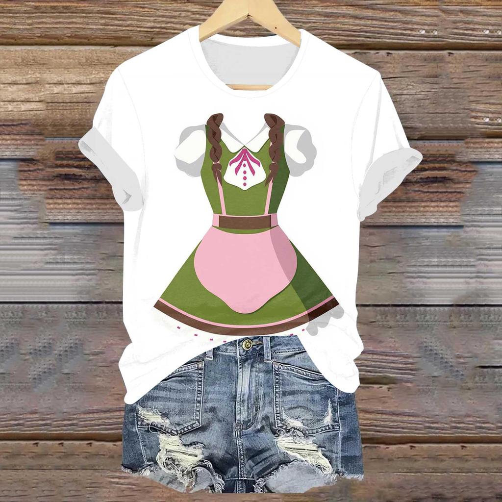 Women's Casual Pullover T-Shirt Oktoberfest Print Short Sleeve Crew Neck Top Lightweight Summer Tee