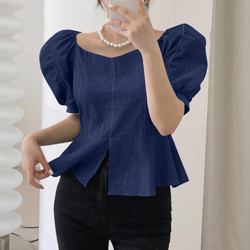ZANZEA Womens Casual Round Neck Puff Sleeve Solid Color Loose Blouse