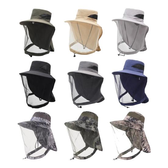 Venkovní klobouk s odnímatelným moskytiérovým šálovým designem, široký okraj, UV ochrana, horolezecký klobouk, voděodolná tkanina, skládací klobouk