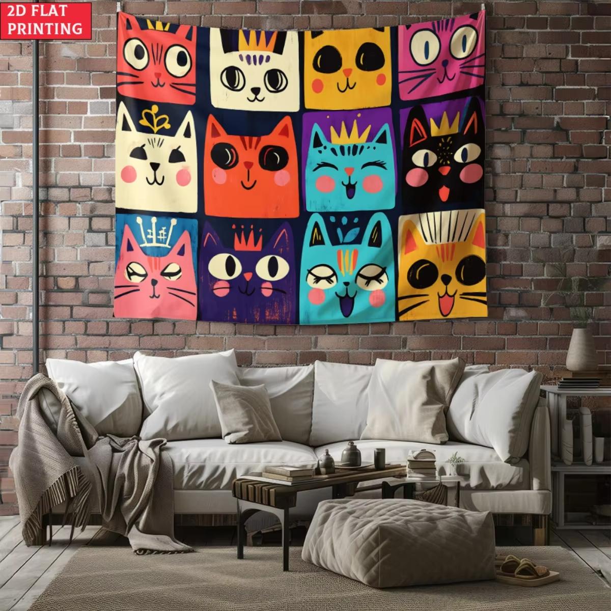 Красочный мультяшный кот Гобелен Милый кот с короной Клетка Принт MidCentury Modern Настенное панно для гостиной Декор для любителей кошек 74x94cm(29x37in)