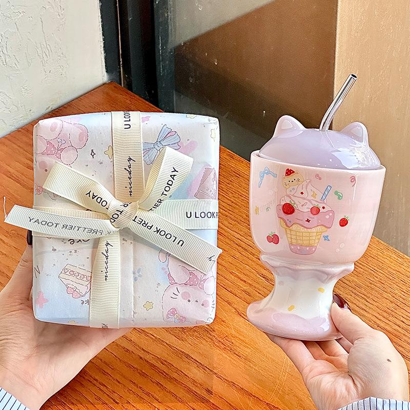 Cute Cat Goblet High Value Straw Water Cup Girls Birthday Gift Souvenir Practical Gift Box
